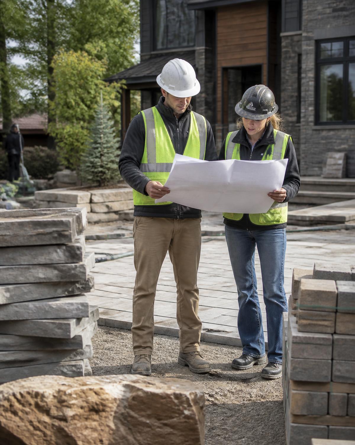 JLJ Construction team members reviewing project plans at a hardscape job site